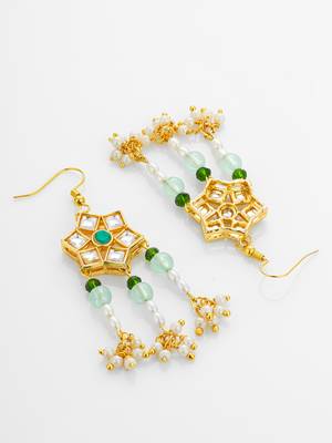 gold plated star floral kundan chandelier earrings 4