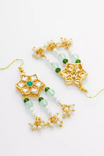 gold plated star floral kundan chandelier earrings