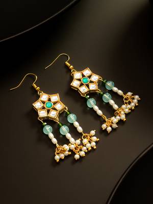 gold plated star floral kundan chandelier earrings 1