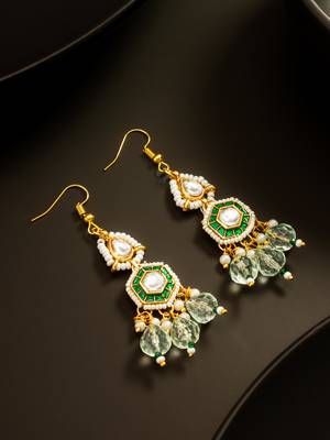 gold plated hexagonal meenakari kundan earrings 1