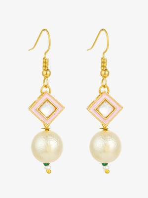 gold plated pink enamel and large pearl drop earrings 2