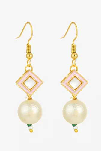 gold plated pink enamel and large pearl drop earrings