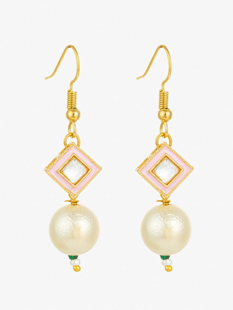 gold plated pink enamel and large pearl drop earrings