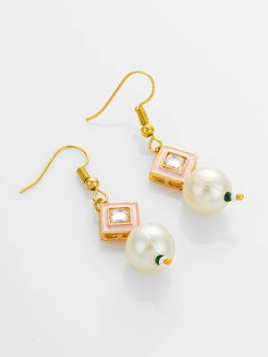 gold plated pink enamel and large pearl drop earrings 3