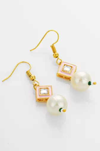 gold plated pink enamel and large pearl drop earrings
