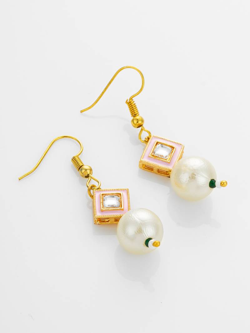 gold plated pink enamel and large pearl drop earrings