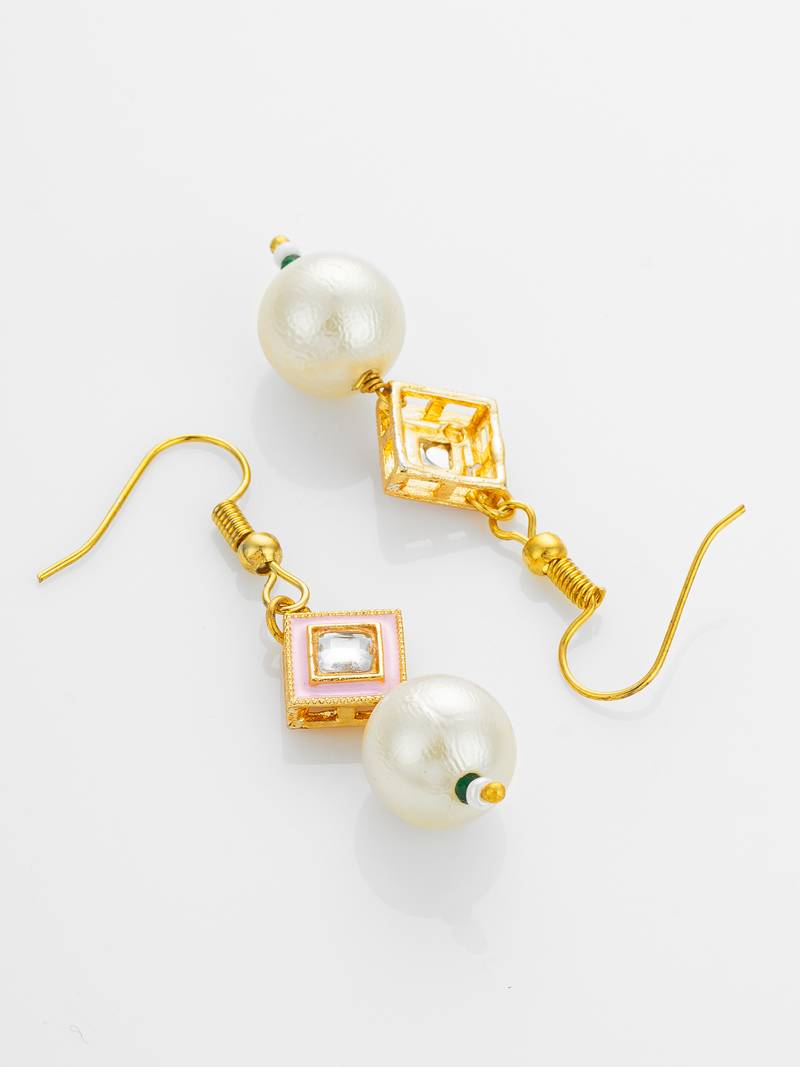 gold plated pink enamel and large pearl drop earrings