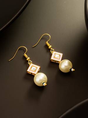 gold plated pink enamel and large pearl drop earrings 1