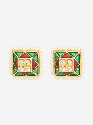 gold plated geometric pearl border stud earrings 2