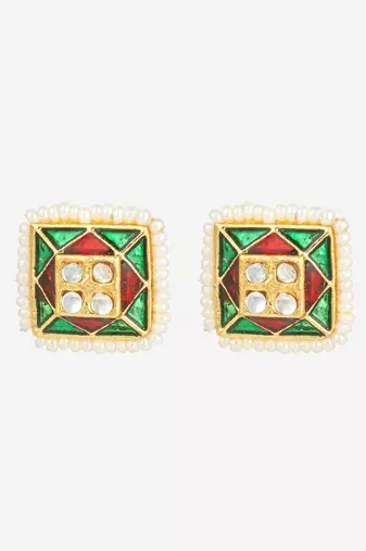 gold plated geometric pearl border stud earrings