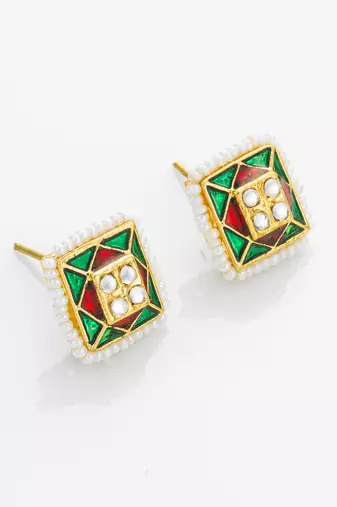gold plated geometric pearl border stud earrings