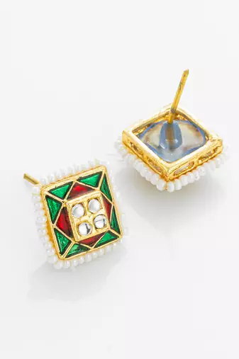 gold plated geometric pearl border stud earrings