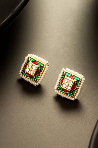 gold plated geometric pearl border stud earrings