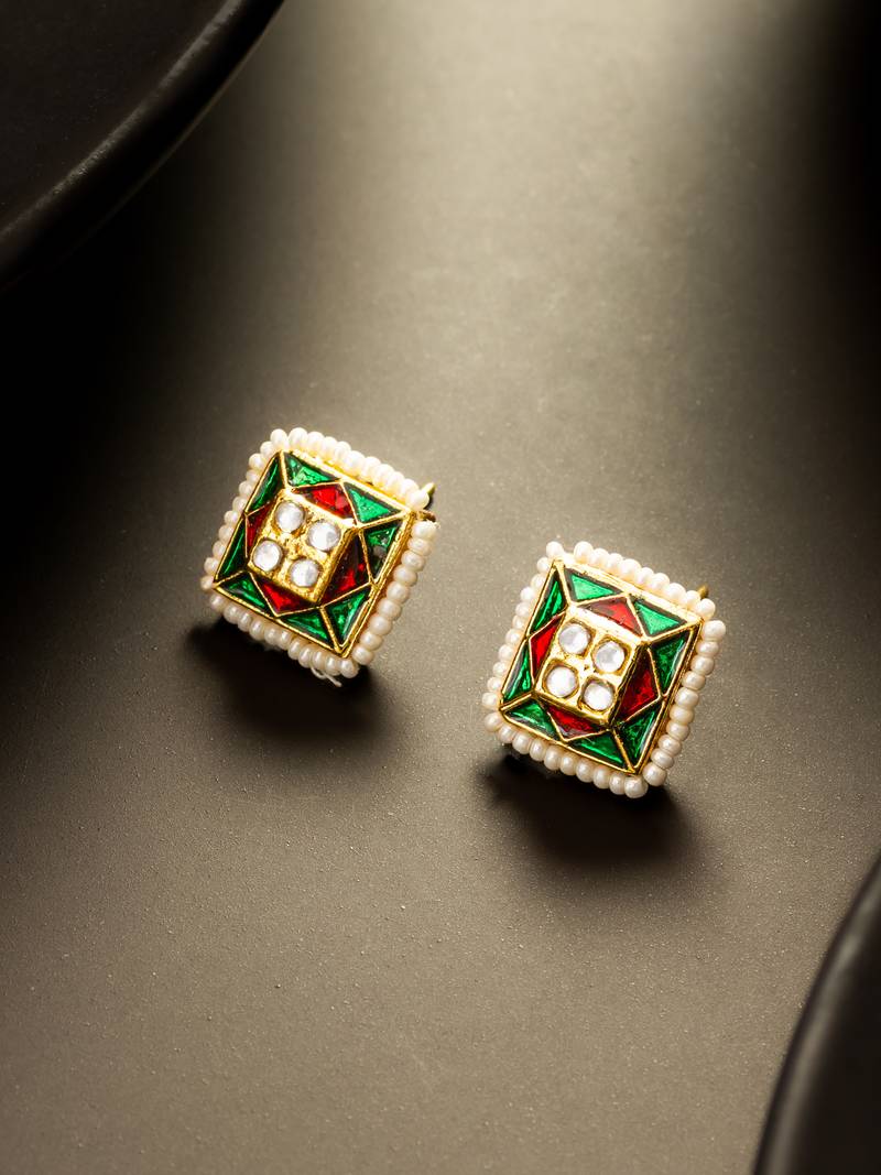gold plated geometric pearl border stud earrings