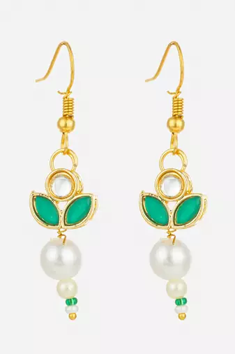 green kundan and pearl floral drop earrings