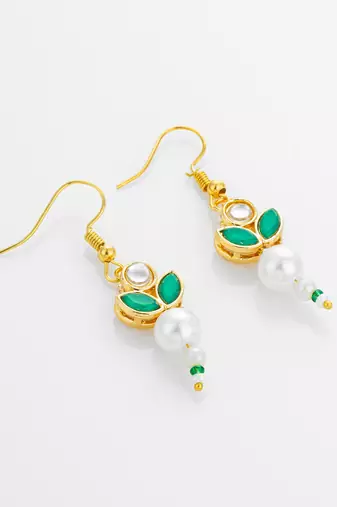 green kundan and pearl floral drop earrings