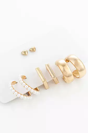 gold plated pearl and geometric hoop earring combo set