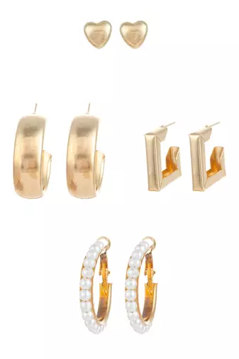 gold plated pearl and geometric hoop earring combo set