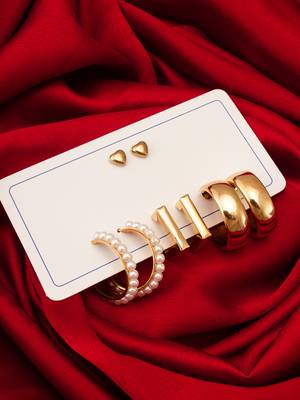 gold plated pearl and geometric hoop earring combo set 5