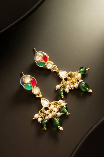 multi-color kundan gold plated pearl drop earrings