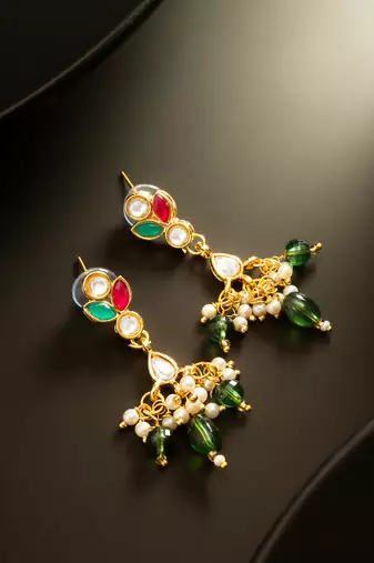 multi-color kundan gold plated pearl drop earrings