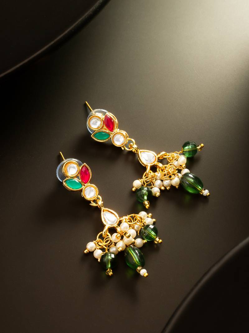 multi-color kundan gold plated pearl drop earrings