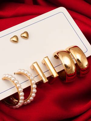 gold plated pearl and geometric hoop earring combo set 1