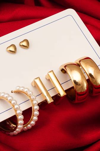 gold plated pearl and geometric hoop earring combo set