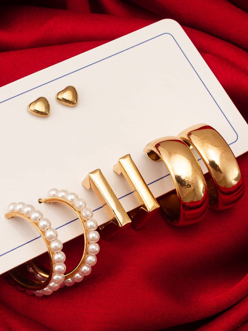gold plated pearl and geometric hoop earring combo set