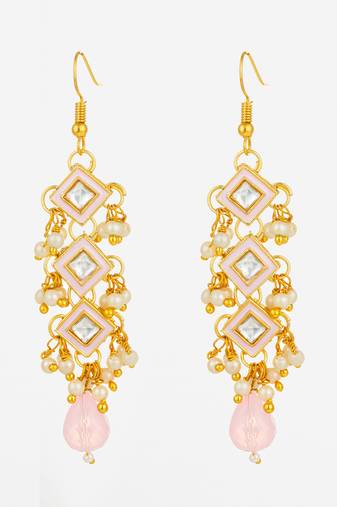 pink enamel and kundan tiered long drop earrings