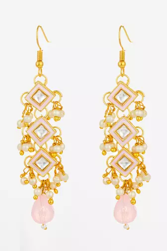 pink enamel and kundan tiered long drop earrings