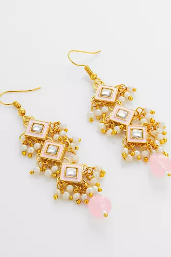 pink enamel and kundan tiered long drop earrings