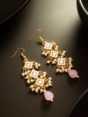 pink enamel and kundan tiered long drop earrings 5