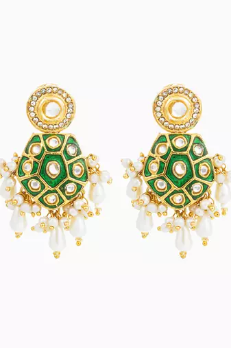 green meenakari kundan hexagonal drop earrings with pearl hangings