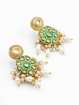 green meenakari kundan hexagonal drop earrings with pearl hangings 3