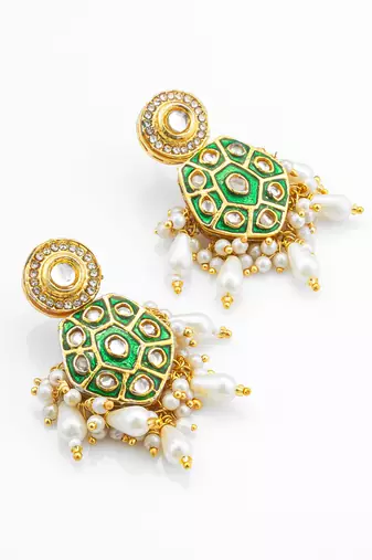 green meenakari kundan hexagonal drop earrings with pearl hangings
