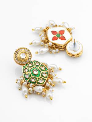 green meenakari kundan hexagonal drop earrings with pearl hangings 4