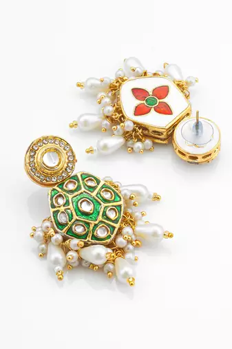 green meenakari kundan hexagonal drop earrings with pearl hangings