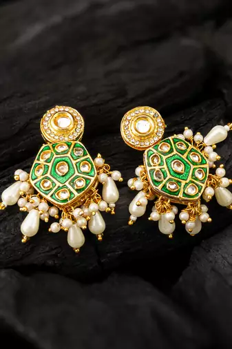 green meenakari kundan hexagonal drop earrings with pearl hangings