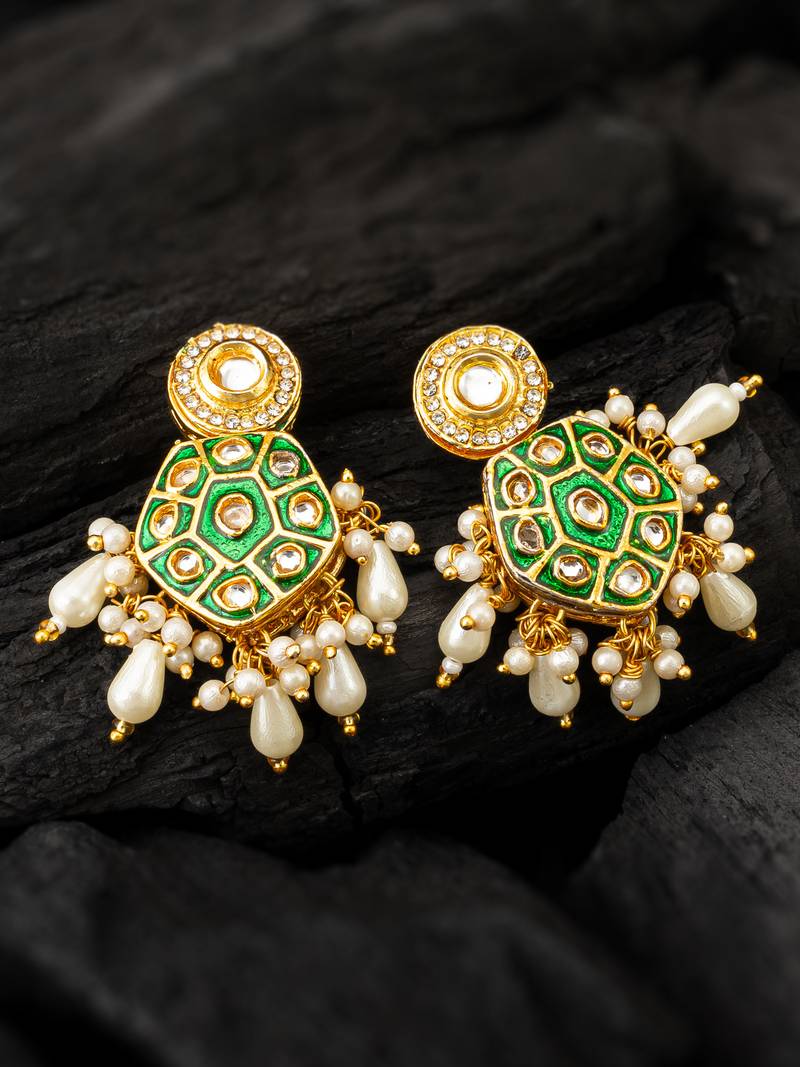 green meenakari kundan hexagonal drop earrings with pearl hangings