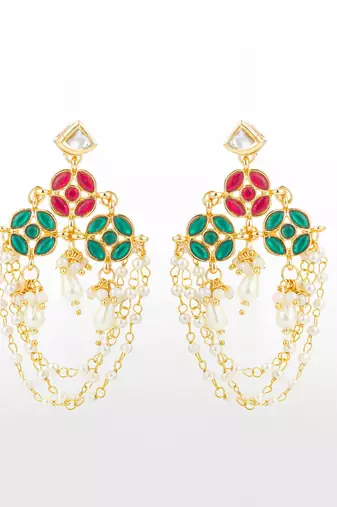 traditional red and green stone chandelier earrings with multi-layer pearl chains