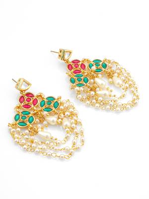traditional red and green stone chandelier earrings with multi-layer pearl chains 3