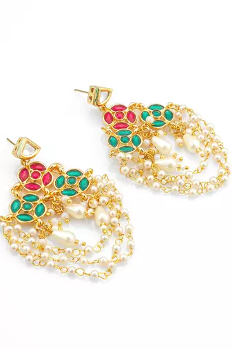 traditional red and green stone chandelier earrings with multi-layer pearl chains