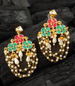 traditional red and green stone chandelier earrings with multi-layer pearl chains