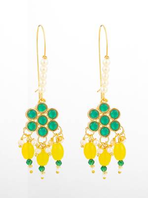 long hook green floral earrings with yellow bead clusters and pearl accents 2