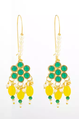 long hook green floral earrings with yellow bead clusters and pearl accents