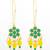 long hook green floral earrings with yellow bead clusters and pearl accents