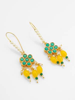 long hook green floral earrings with yellow bead clusters and pearl accents 3
