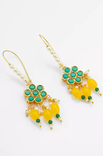 long hook green floral earrings with yellow bead clusters and pearl accents