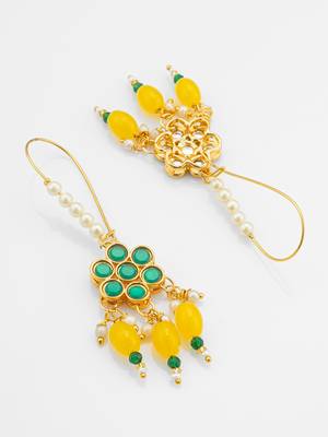 long hook green floral earrings with yellow bead clusters and pearl accents 4